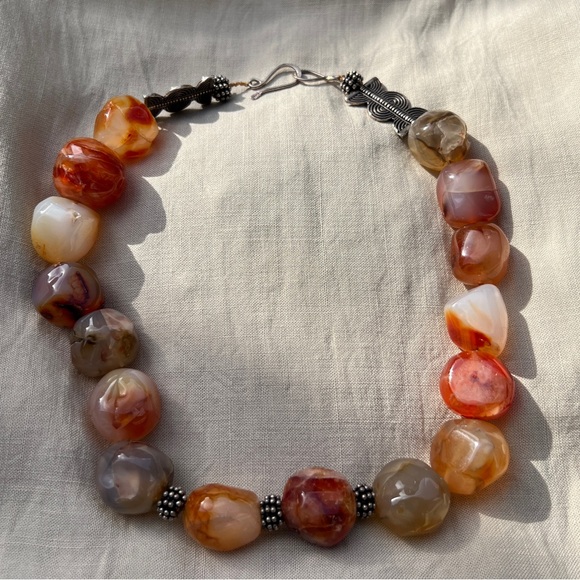 LARGE POLISHED CARNELIAN STONE STERLING SILVER NECKLACE - Picture 3 of 13